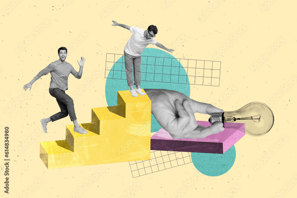 Poster exclusive picture sketch collage image of competitive guy running giving best idea isolated creative