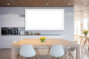 empty wall decor picture frame in contemporary minimal style kitchen room, mockup idea, Generative Ai