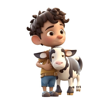 3D Render of a Little Boy with a cow on white background