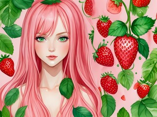 Beautiful cute girl face portrait with a pink hair green eyes in aquarelle style, creative illustration red strawberry leaves pastel pink background watercolor painting. Generative AI