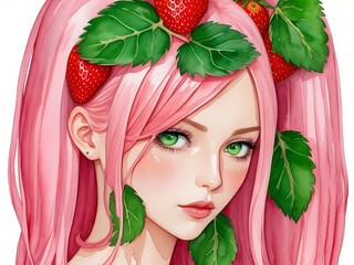 Beautiful girl cute face profile portrait with a pink hair red strawberry leaves green eyes in aquarelle style, creative illustration white background watercolor painting. Generative AI