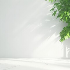 Minimalistic light background with blurred foliage shadow on a light wall. Beautiful background for presentation with with marble floor.