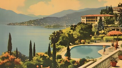 retro italian landscape vintage postcard from sunny italy 1970 vibe - obrazy, fototapety, plakaty