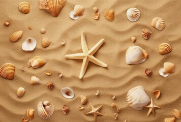Sea background with starfish and seashells in white and cream yellow color on light beige background