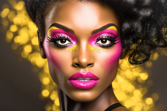 Woman's face, African American girl, make-up in disco style. Bright glittery eyeshadow lipstick, bouffant hairstyle