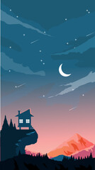 Fototapeta na wymiar Vector illustration of house on top of mountain with beautiful moon in mountains landscape on background, sun and clouds in sky in flat style.