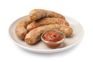 Plate of tasty homemade sausages with sauce isolated on background