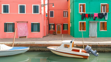 Colorful houses on The Burano island near Venice, Italy, Europe.