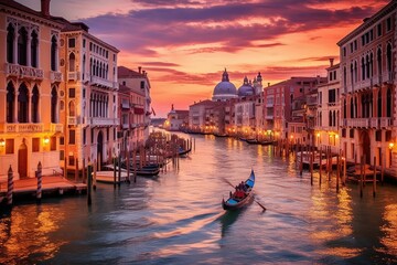 Sunset view of Grand Canal, Venice. Vaporetto or waterbus station, boats, gondolas - obrazy, fototapety, plakaty