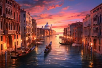 Fototapeta na wymiar Sunset view of Grand Canal, Venice. Vaporetto or waterbus station, boats, gondolas