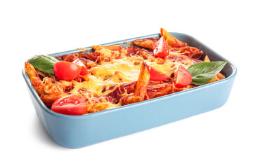 Baking dish of pasta with tomato sauce and cheese on white background
