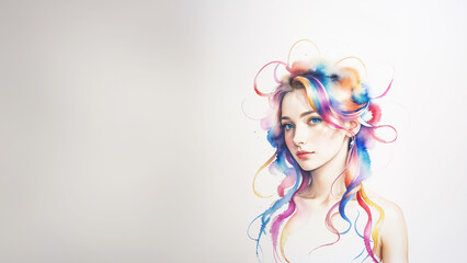 Naklejka premium illustrazione generativa ai ritratto di affascinante giovane donna eseguito con colori ad acqua, capelli mossi e sciolti sulle spalle, nastri colorati, chiazze di colore, primo piano