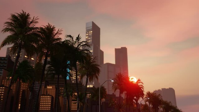 Moving through a tropical city at sunset seamless loop