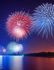 Firework over a river at night in blue, red and white
