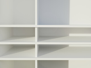 A white multi-level shelf with light and shadows falling on it. 3D visualization. Interior Design.