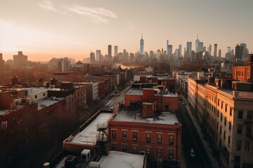 Colorful morning view of New York city from a rooftop window. Generative AI