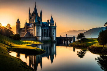 Fototapeta premium Beautiful Castle on hilltop covered with green grass and flowers, Created with AI