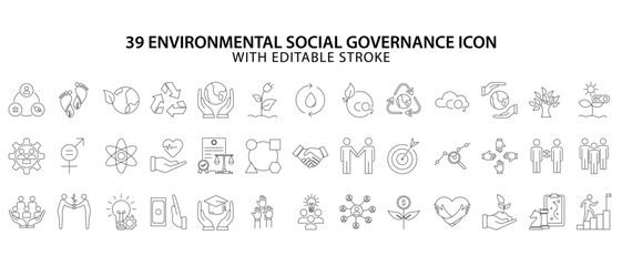 Environment social governance icon. ESG icon set. Line icon about esg. Set of 39 line icon about environment social governance. vector Illustration. Editable stroke.