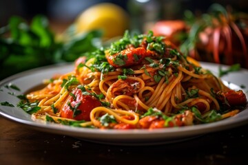 Aragosta Fra Diavolo served on a white plate with a garnish of fresh parsley
