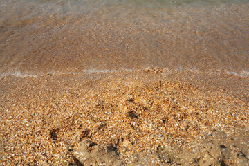 The edge of the sea on the yellow sand. waves, beach