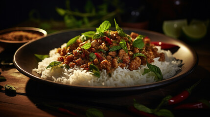 Stir fried Thai basil with minced pork and chilli on topped rice - Thai local food style