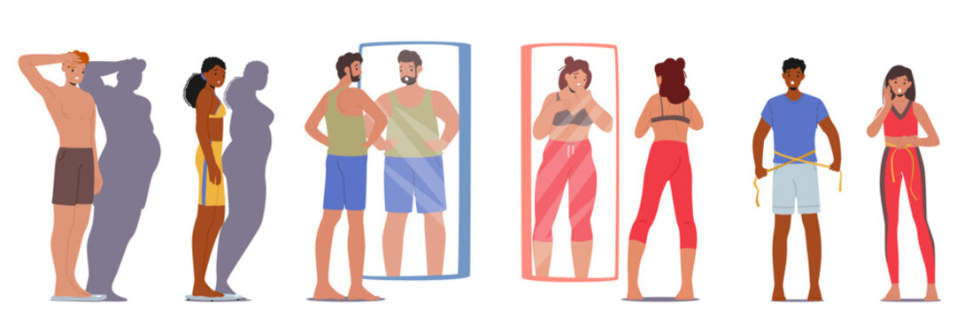 Body Dysmorphia Concept. Distorted Perception Body, Causing Slim Characters To Believe They Are Overweight