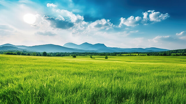 a beautiful grass feild surrounded by mountain.
