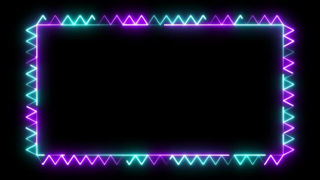 4k Bright neon glowing frame, zigzag line loop animation isolated on black background. Zigzag shaped glowing illuminated frame design template for multiple uses. 