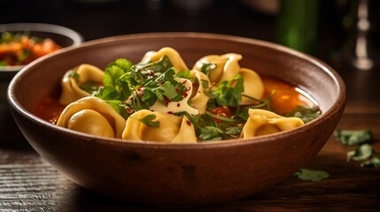 Tortellini in Brodo featuring rich colors and textures, garnished with fresh parsley and served in a rustic bowl