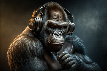 Portrait of a serious gorilla wearing headphones