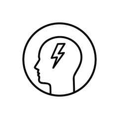 human head with thin line lightning like insight. concept of genius person and eureka or evrika and frustration. stroke trend modern lineart knowledge logotype graphic linear design isolated on white