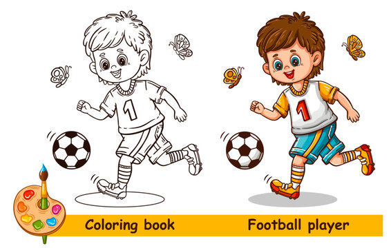 Cute football soccer player boy, little child footballer playing sport game. Kid education coloring book page. Funny sportsman cartoon character run, kicking ball. Outline color painting sheet. Vector