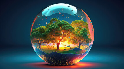 Abstract glass sphere with 3 trees and rolling green landscape with sunset behind. Generative Ai