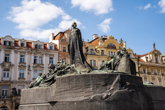 Prague, Bohemia – CZ – June 2, 2023 Landscape view of the Jan Hus Memorial, standing at the end of the Old Town Square. Depicting victorious Hussite warriors. Designed by Ladislav Šaloun in 1915.