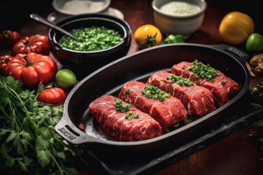 Braciole being prepared, with shallow frying in a pan and ingredients like garlic and parsley on the side