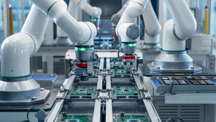 Fully Automated Modern PCB Assembly Line Equipped with Advanced High Precision Robot Arms at Bright...