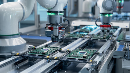 Component Installation and Quality Control of Circuit Board. Fully Automated PCB Assembly Line Equipped with High Precision Robot Arms at Electronics Factory. Electronic Devices Manufacturing Industry - obrazy, fototapety, plakaty