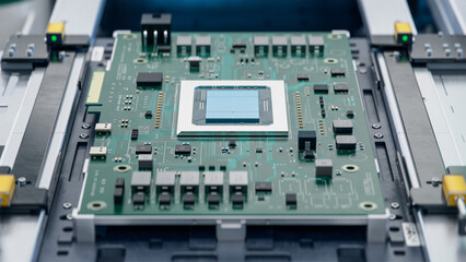 Close-up of Advanced Circuit Board with AI Acceleration Microchip. Electronics Manufacturing Facility or Factory. Electronic Devices Production Industry. Fully Automated PCB Assembly Line.