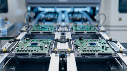 Advanced Circuit Boards on Assembly Line. Electronic Devices Production Industry. Fully Automated...
