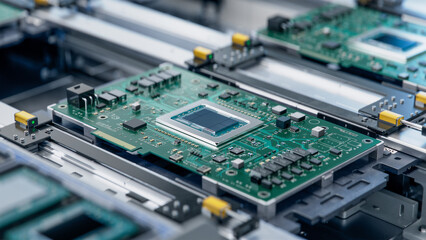 Circuit Board with Advanced Microchip on Assembly Line. Electronic Devices Production Industry. Fully Automated PCB Assembly Line. Electronics Manufacturing Facility or Factory - obrazy, fototapety, plakaty