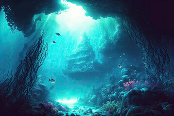 Underwater river or seascape with tree roots, tropical fish, and algae illustration.