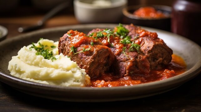 Braciole served in a dish with tomato sauce and a side of mashed potatoes