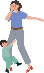A little boy toddler hanging at his mom's feet parenting vector illustration