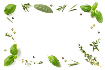 frame / border made of loosely spread mediterranean herbs isolated over a transparent background, basil, thyme, oregano, rosemary sage and green and black pepper, cut-out herbs and food  element, PNG