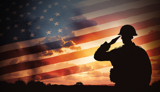 Silhouette of saluting soldier on american flag background generative ai