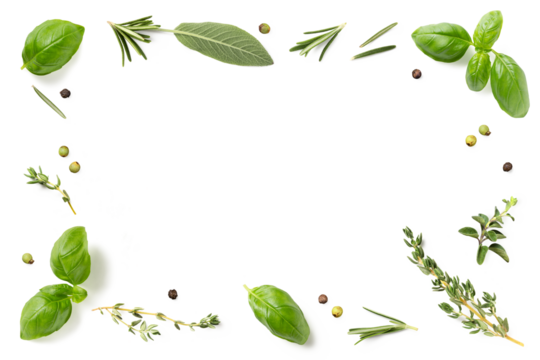 frame / border made of loosely spread mediterranean herbs isolated over a transparent background, basil, thyme, oregano, rosemary sage and green and black pepper, cut-out herbs and food  element, PNG
