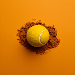 yellow tennis ball on clay, minimalist concept