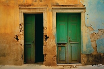 Fototapeta premium Old green door on the yellow wall building
