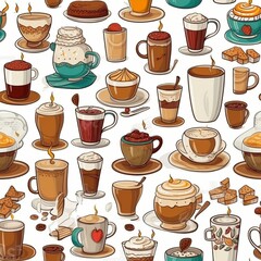 Different types of coffee in cartoon style seamless pattern