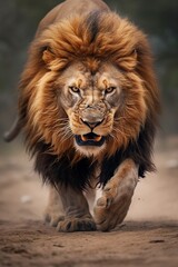 Plakat Dangerous lion male moving toward camera